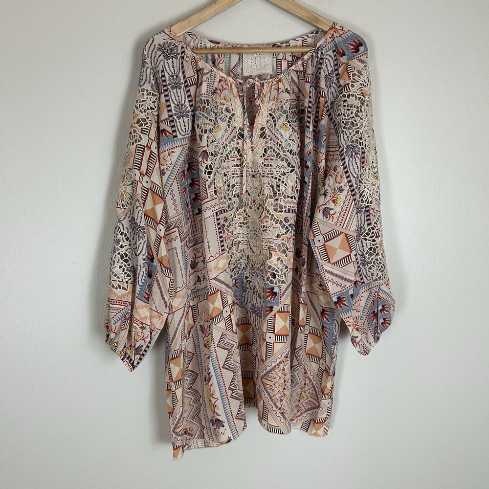 Johnny Was 2X 100% Silk Tunic Top Blouse Floral Patchwork Print Embroidered